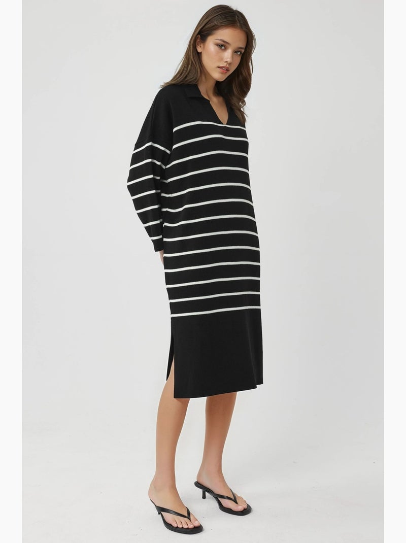 Vestido midi de malha às riscas com decote em v, corte largo e racha my fashion Preto - Kiabi