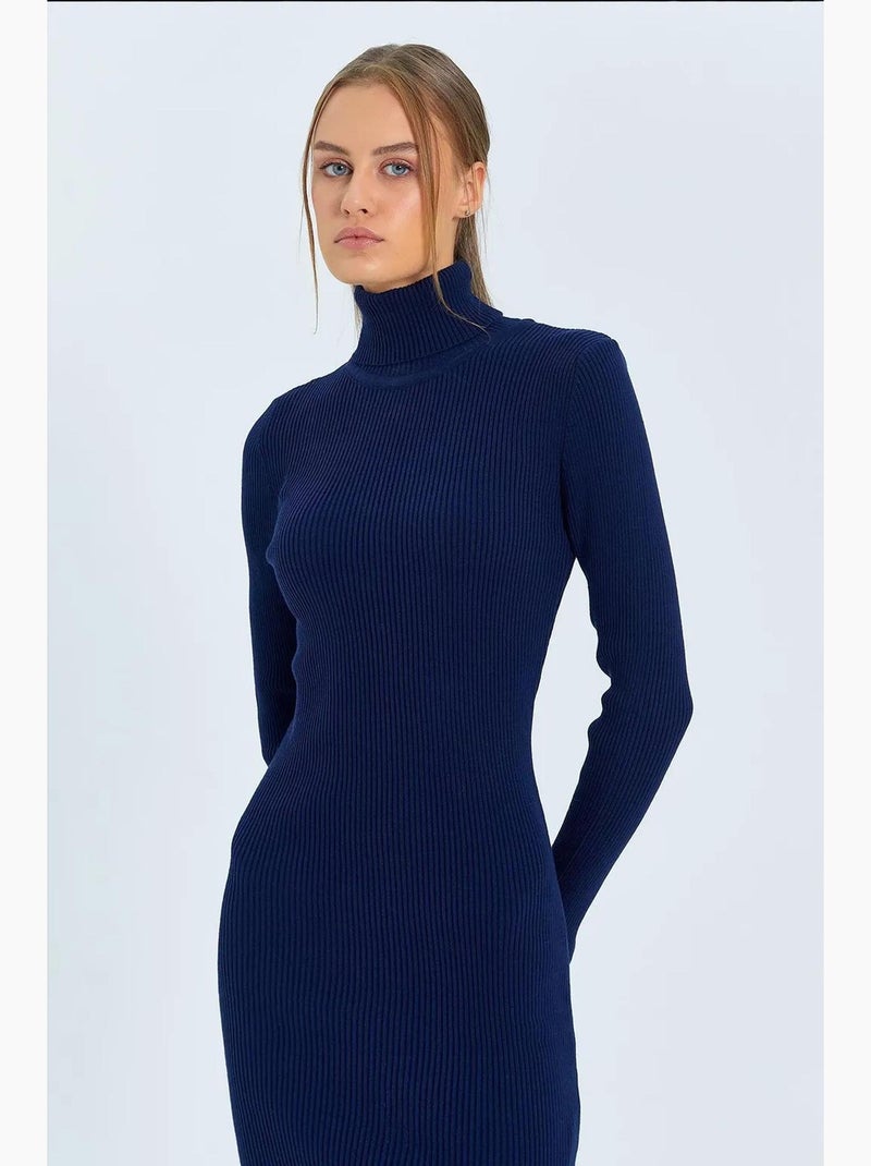 Vestido midi de malha com gola alta e racha mixray Azul-marinho - Kiabi
