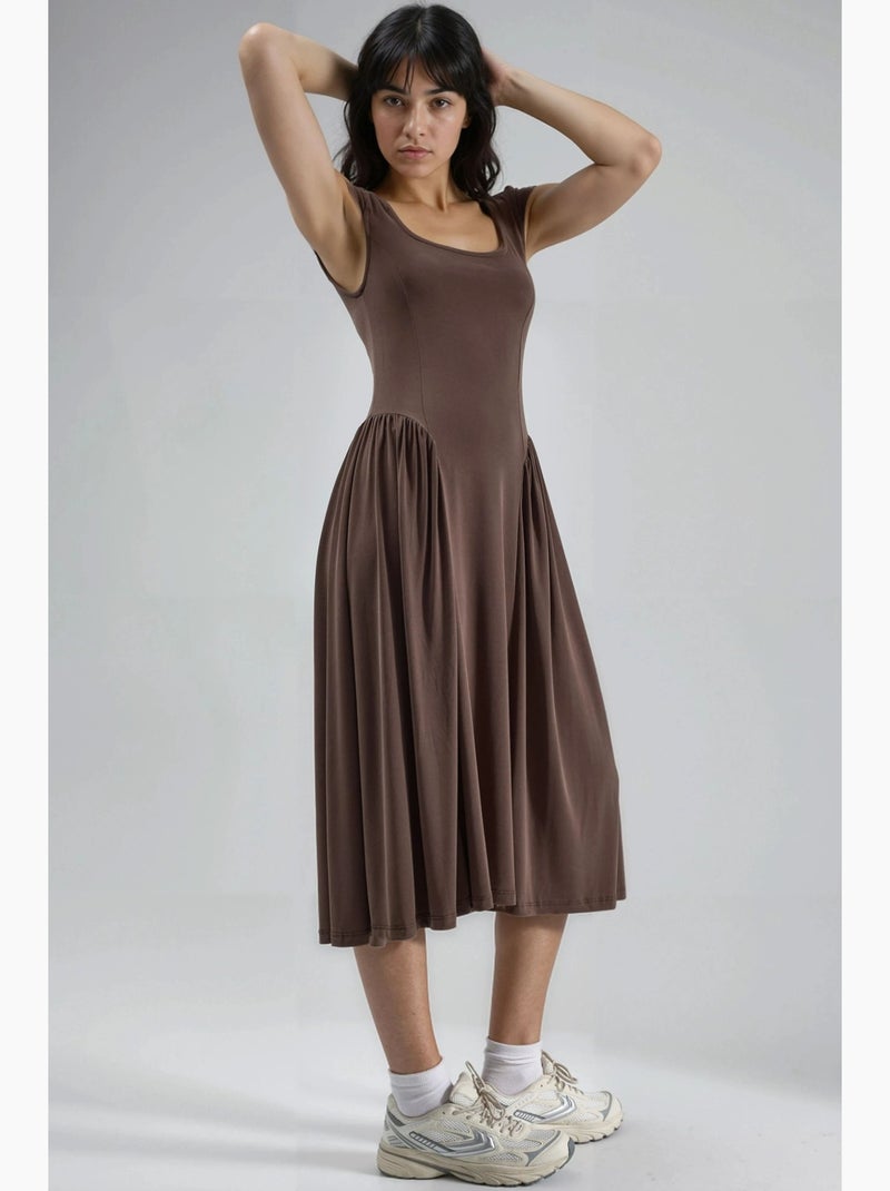 Vestido midi de malha com painéis busem Castanho-claro - Kiabi