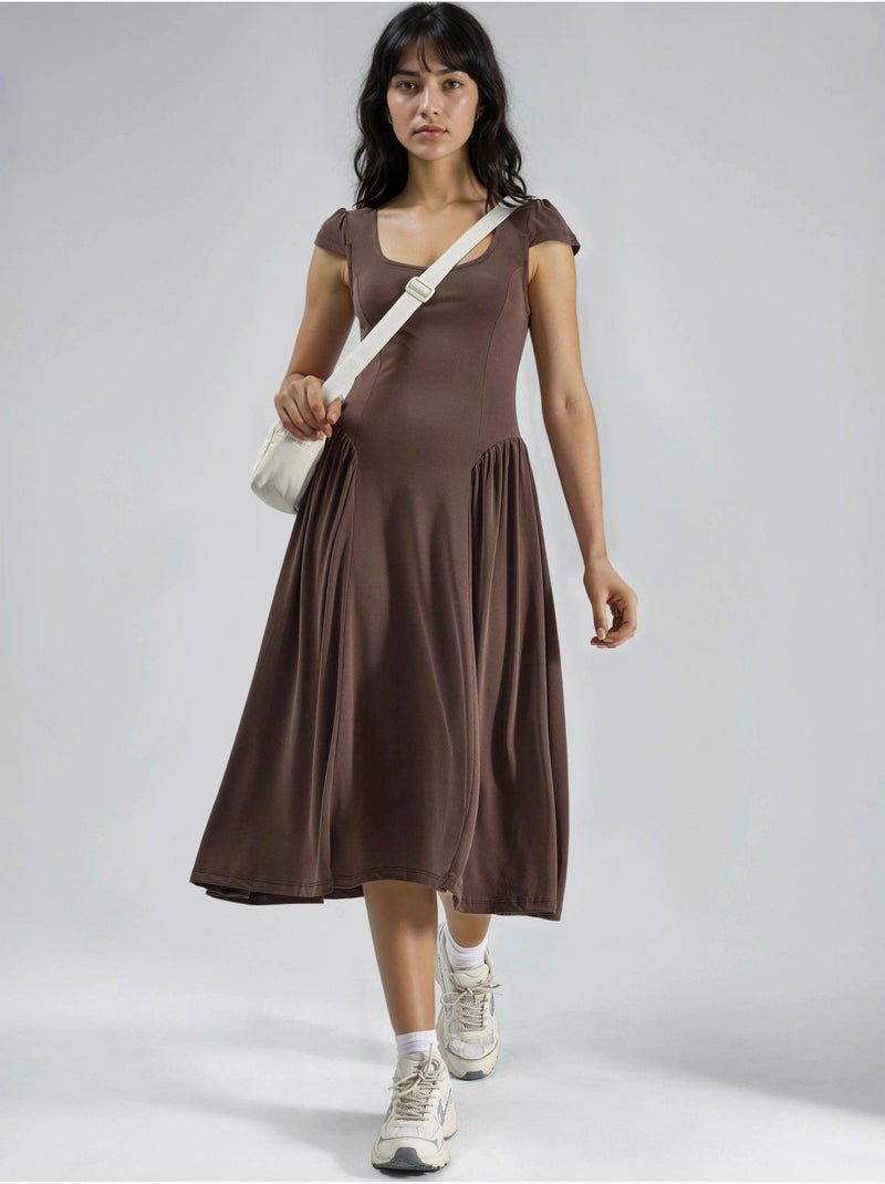 Vestido midi de malha com painéis busem Castanho-claro - Kiabi