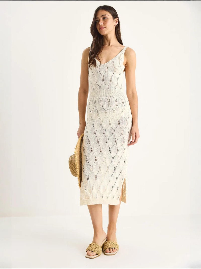 Vestido midi de malha texturizada com decote em v lucci Marfim - Kiabi