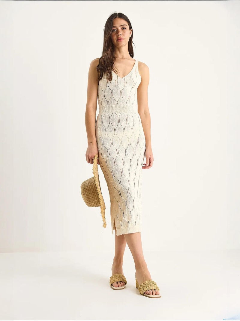 Vestido midi de malha texturizada com decote em v lucci Marfim - Kiabi