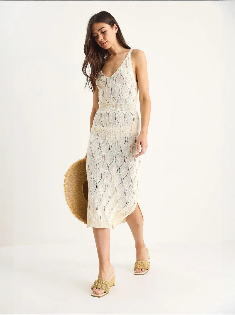 Vestido midi de malha texturizada com decote em v lucci Marfim - Kiabi