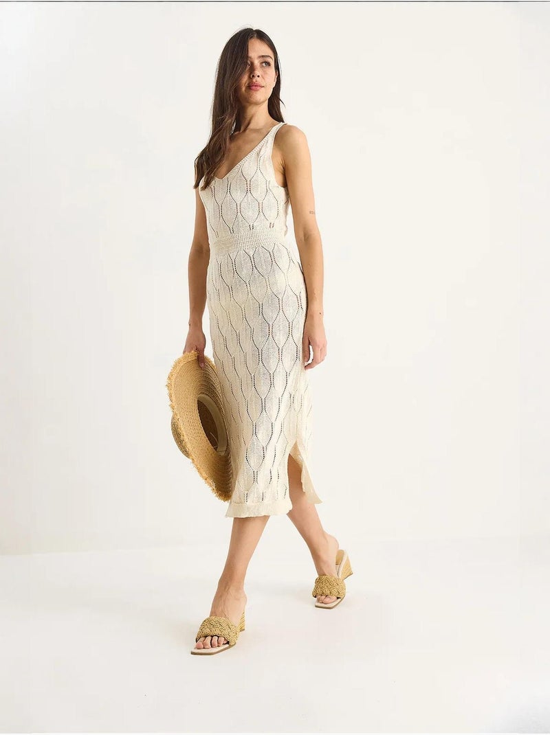 Vestido midi de malha texturizada com decote em v lucci Marfim - Kiabi
