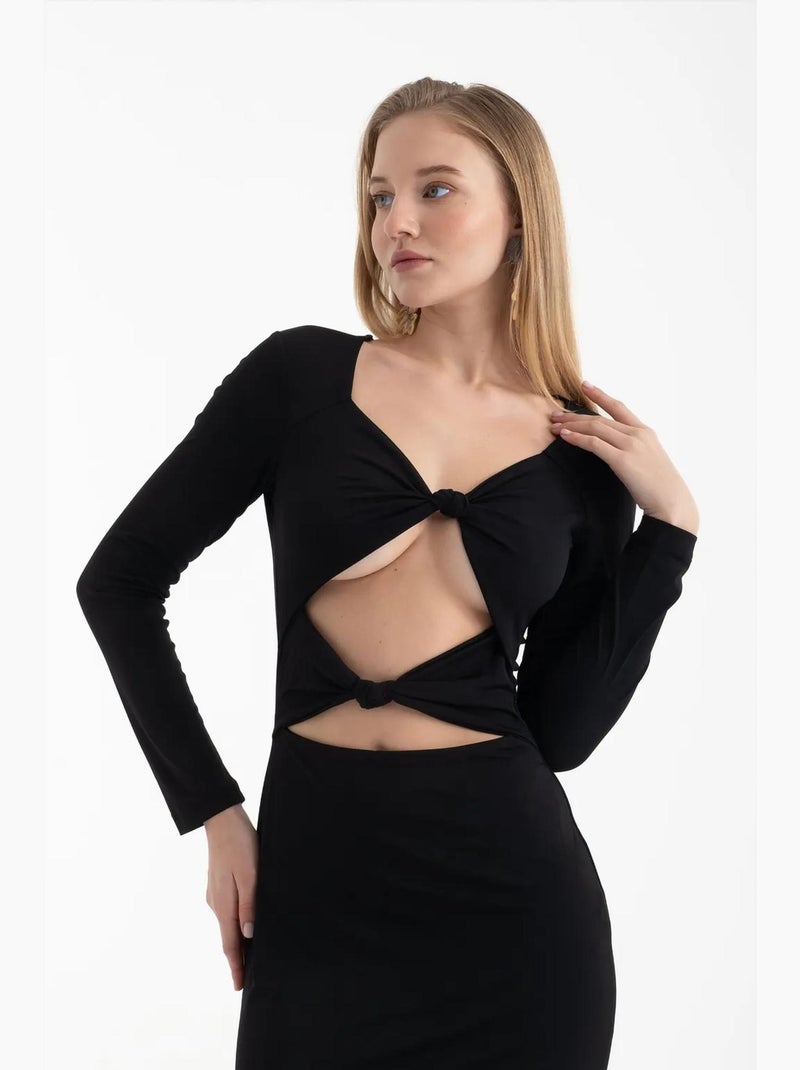 Vestido midi de manga comprida com decote redondo e recortes hiccup Preto - Kiabi