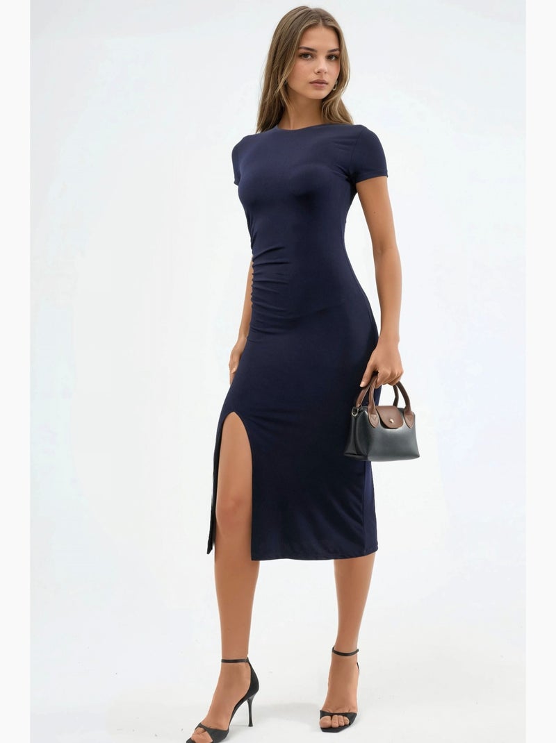 Vestido midi de manga curta com detalhes de racha hiccup Azul-marinho - Kiabi