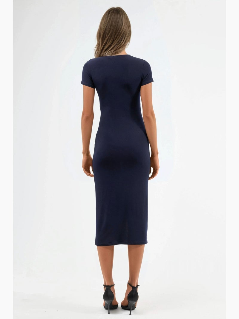 Vestido midi de manga curta com detalhes de racha hiccup Azul-marinho - Kiabi