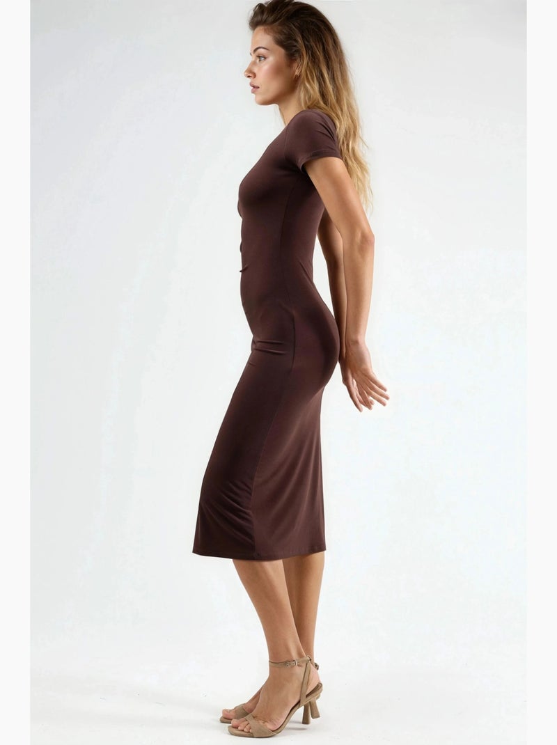 Vestido midi de manga curta com detalhes de racha hiccup Castanho-escuro - Kiabi