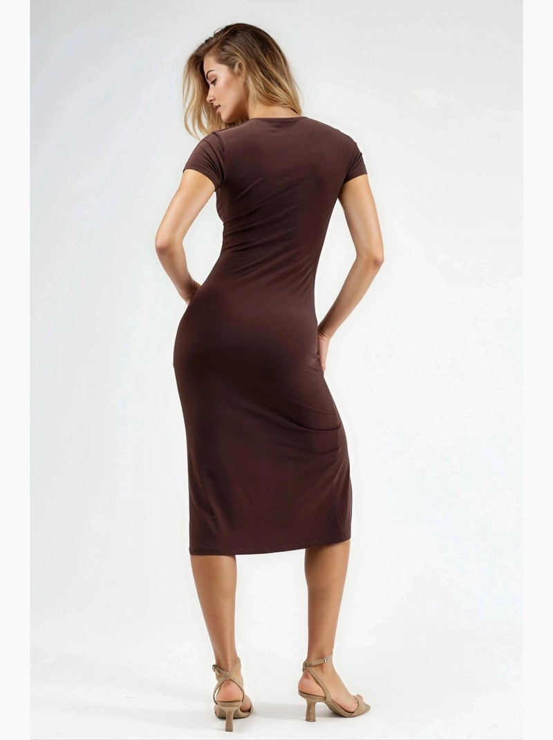 Vestido midi de manga curta com detalhes de racha hiccup Castanho-escuro - Kiabi
