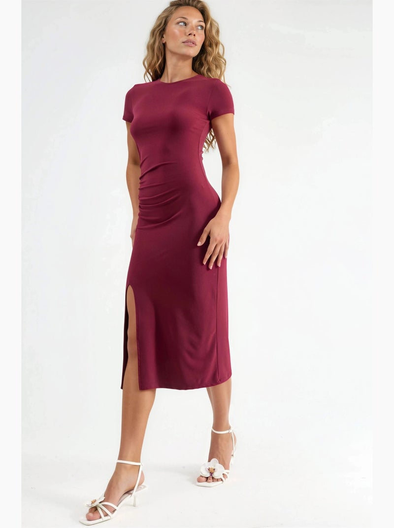 Vestido midi de manga curta com detalhes de racha hiccup Vermelho bordô - Kiabi