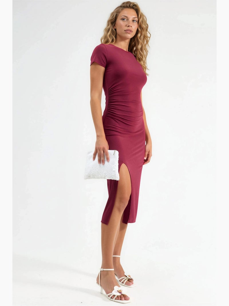 Vestido midi de manga curta com detalhes de racha hiccup Vermelho bordô - Kiabi