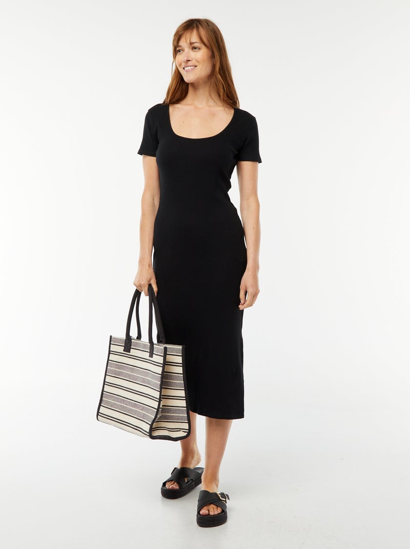Vestido midi de manga curta com racha Preto - Kiabi