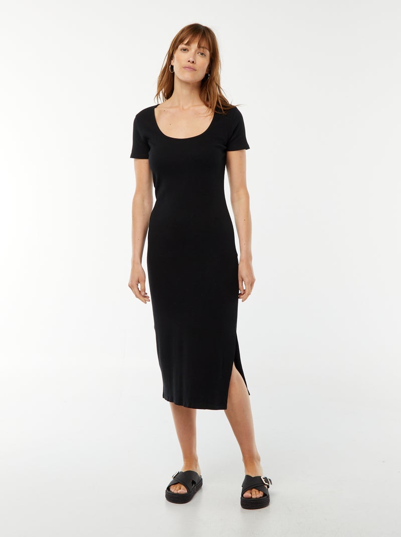 Vestido midi de manga curta com racha Preto - Kiabi