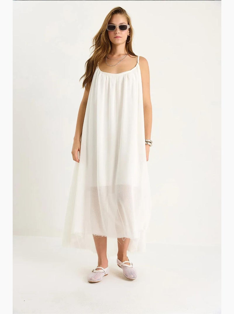 Vestido midi de musselina lisa com alças finas e bainha transparente lucci Branco - Kiabi