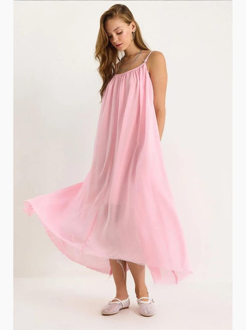 Vestido midi de musselina lisa com alças finas e bainha transparente lucci - Kiabi