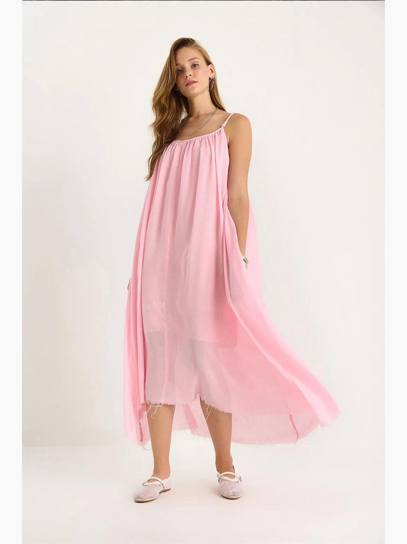 Vestido midi de musselina lisa com alças finas e bainha transparente lucci Rosa-pálido - Kiabi