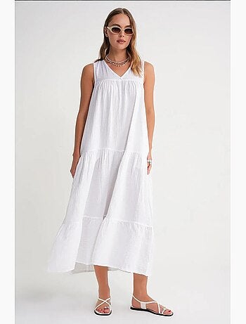 Vestido midi de musselina sem mangas com decote em v e bolsos mixray