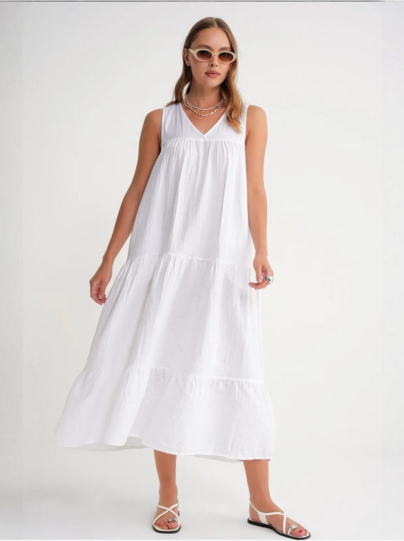 Vestido midi de musselina sem mangas com decote em v e bolsos mixray Branco - Kiabi