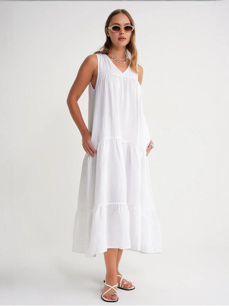 Vestido midi de musselina sem mangas com decote em v e bolsos mixray Branco - Kiabi