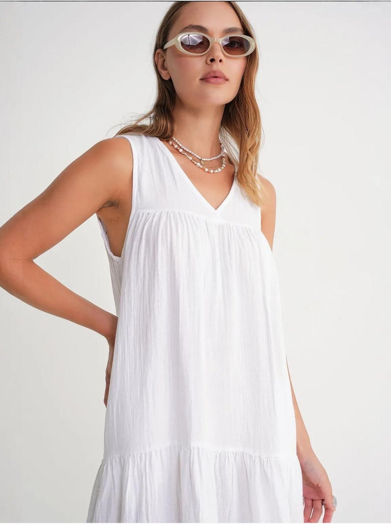 Vestido midi de musselina sem mangas com decote em v e bolsos mixray Branco - Kiabi