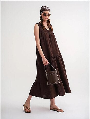 Vestido midi de musselina sem mangas com decote em v e bolsos mixray