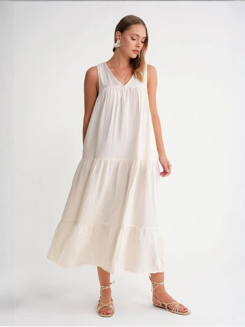 Vestido midi de musselina sem mangas com decote em v e bolsos mixray Marfim - Kiabi