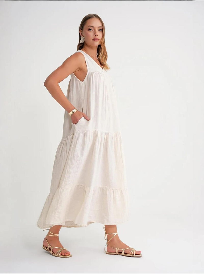 Vestido midi de musselina sem mangas com decote em v e bolsos mixray Marfim - Kiabi