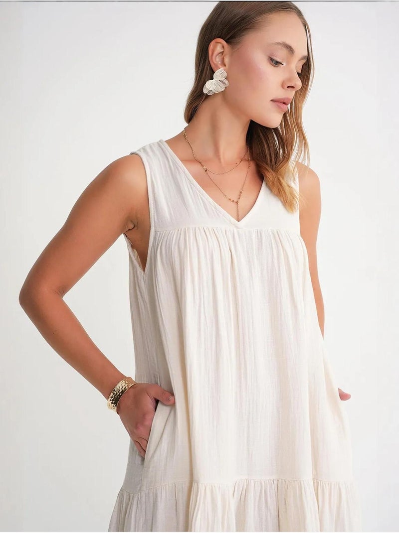 Vestido midi de musselina sem mangas com decote em v e bolsos mixray Marfim - Kiabi