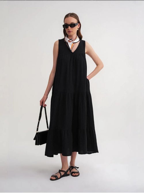 Vestido midi de musselina sem mangas com decote em v e bolsos mixray - Kiabi