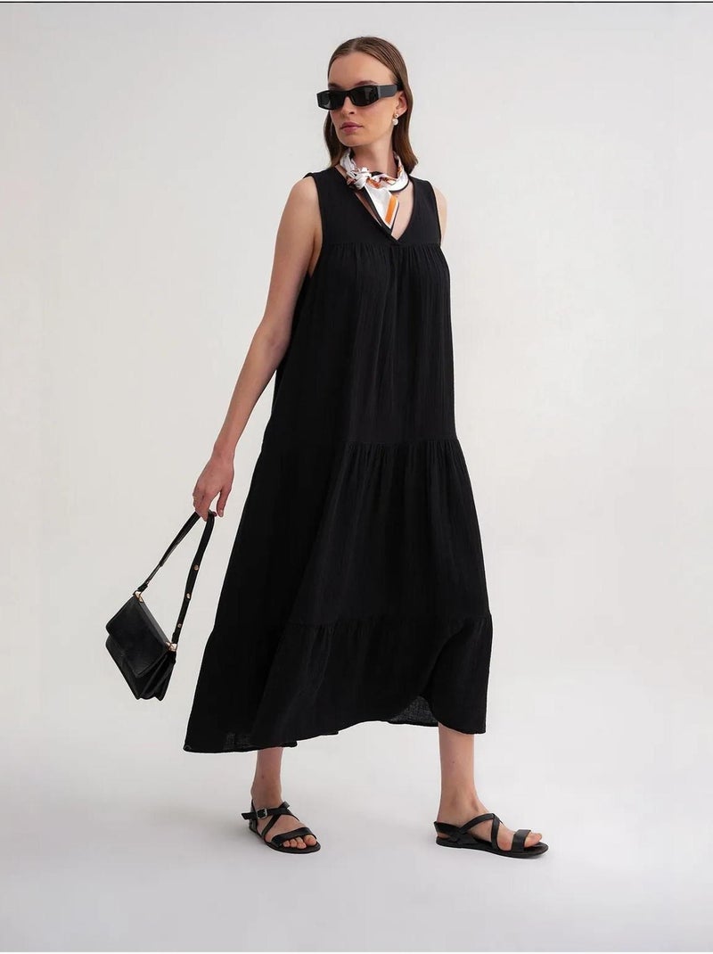 Vestido midi de musselina sem mangas com decote em v e bolsos mixray Preto - Kiabi