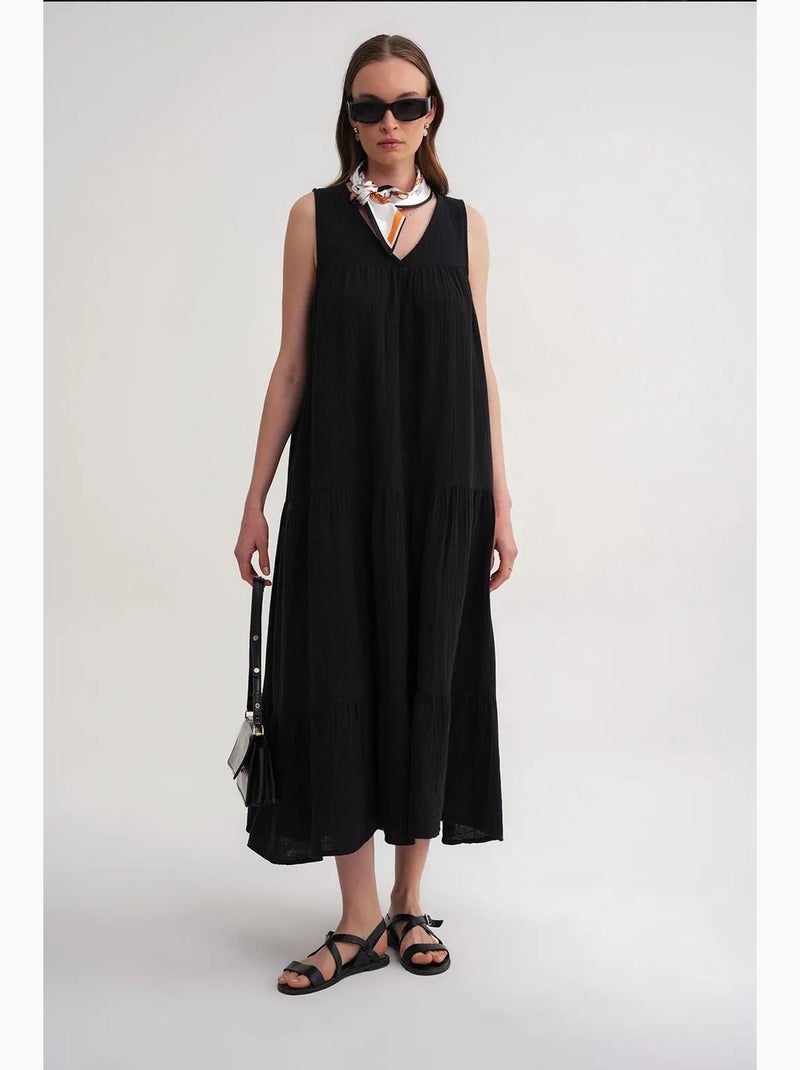Vestido midi de musselina sem mangas com decote em v e bolsos mixray Preto - Kiabi