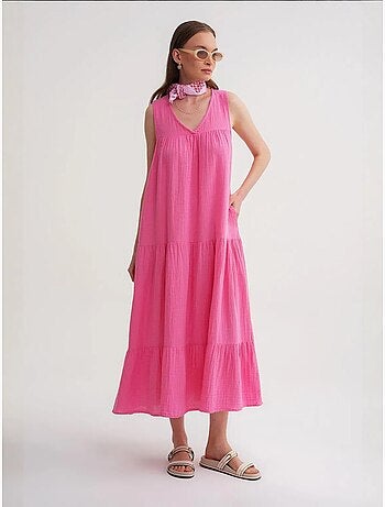 Vestido midi de musselina sem mangas com decote em v e bolsos mixray