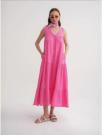 Vestido midi de musselina sem mangas com decote em v e bolsos mixray