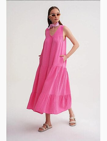 Vestido midi de musselina sem mangas com decote em v e bolsos mixray