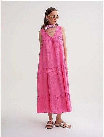 Vestido midi de musselina sem mangas com decote em v e bolsos mixray