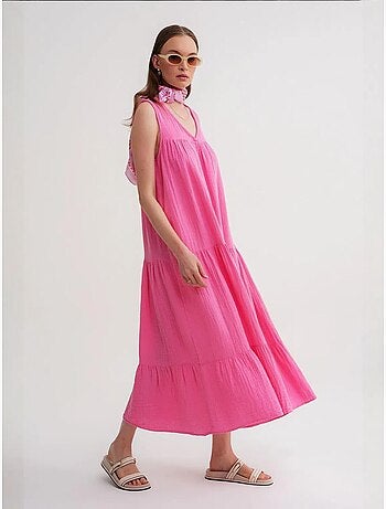 Vestido midi de musselina sem mangas com decote em v e bolsos mixray