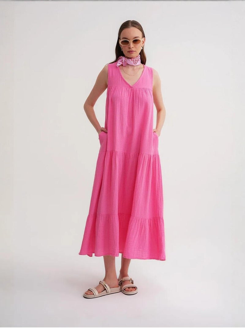 Vestido midi de musselina sem mangas com decote em v e bolsos mixray Rosa-fluo/Solinotes - Kiabi