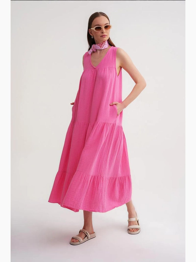 Vestido midi de musselina sem mangas com decote em v e bolsos mixray Rosa-fluo/Solinotes - Kiabi