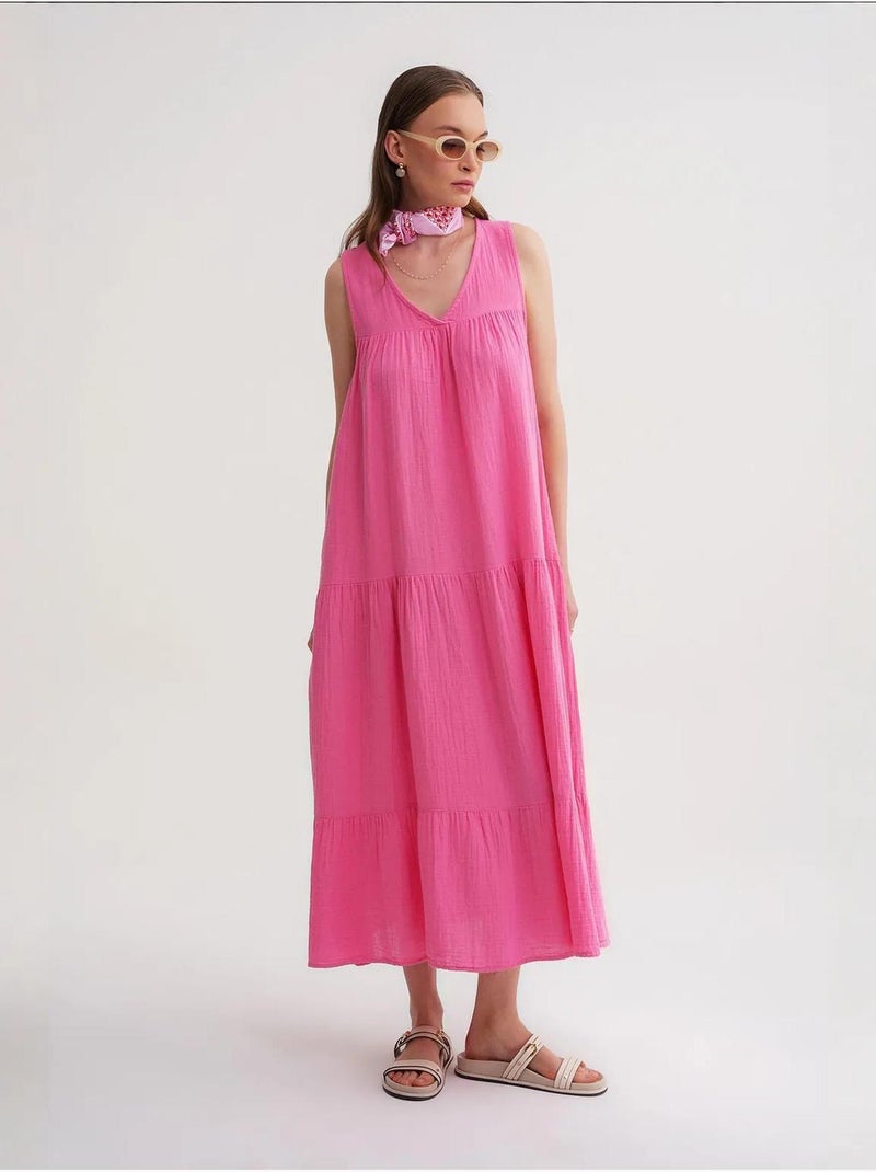 Vestido midi de musselina sem mangas com decote em v e bolsos mixray Rosa-fluo/Solinotes - Kiabi