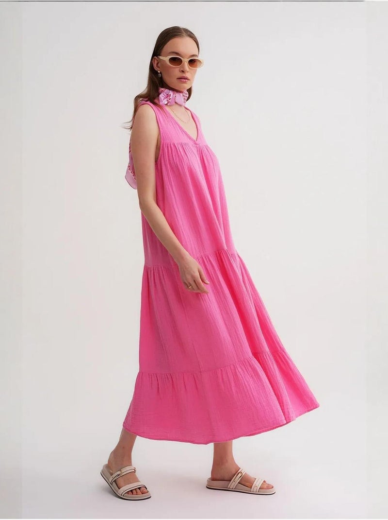 Vestido midi de musselina sem mangas com decote em v e bolsos mixray Rosa-fluo/Solinotes - Kiabi