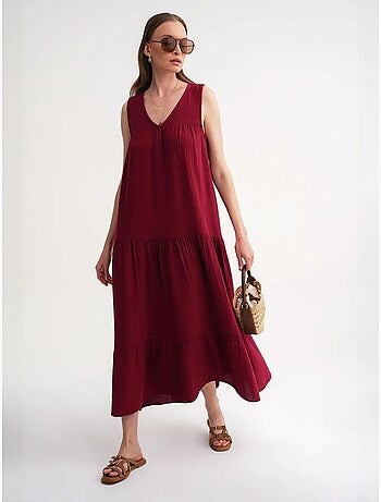 Vestido midi de musselina sem mangas com decote em v e bolsos mixray