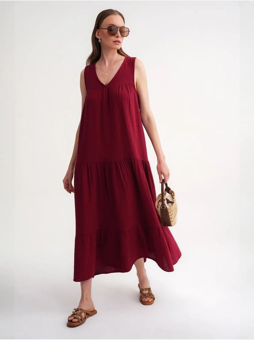 Vestido midi de musselina sem mangas com decote em v e bolsos mixray - Kiabi