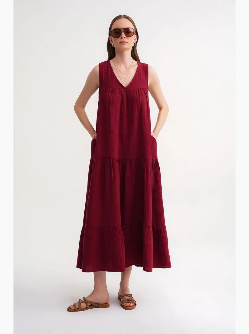 Vestido midi de musselina sem mangas com decote em v e bolsos mixray Vermelho bordô - Kiabi