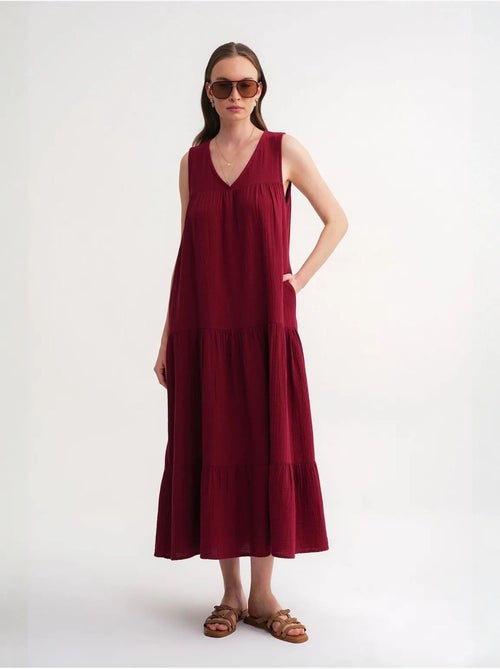 Vestido midi de musselina sem mangas com decote em v e bolsos mixray - Kiabi