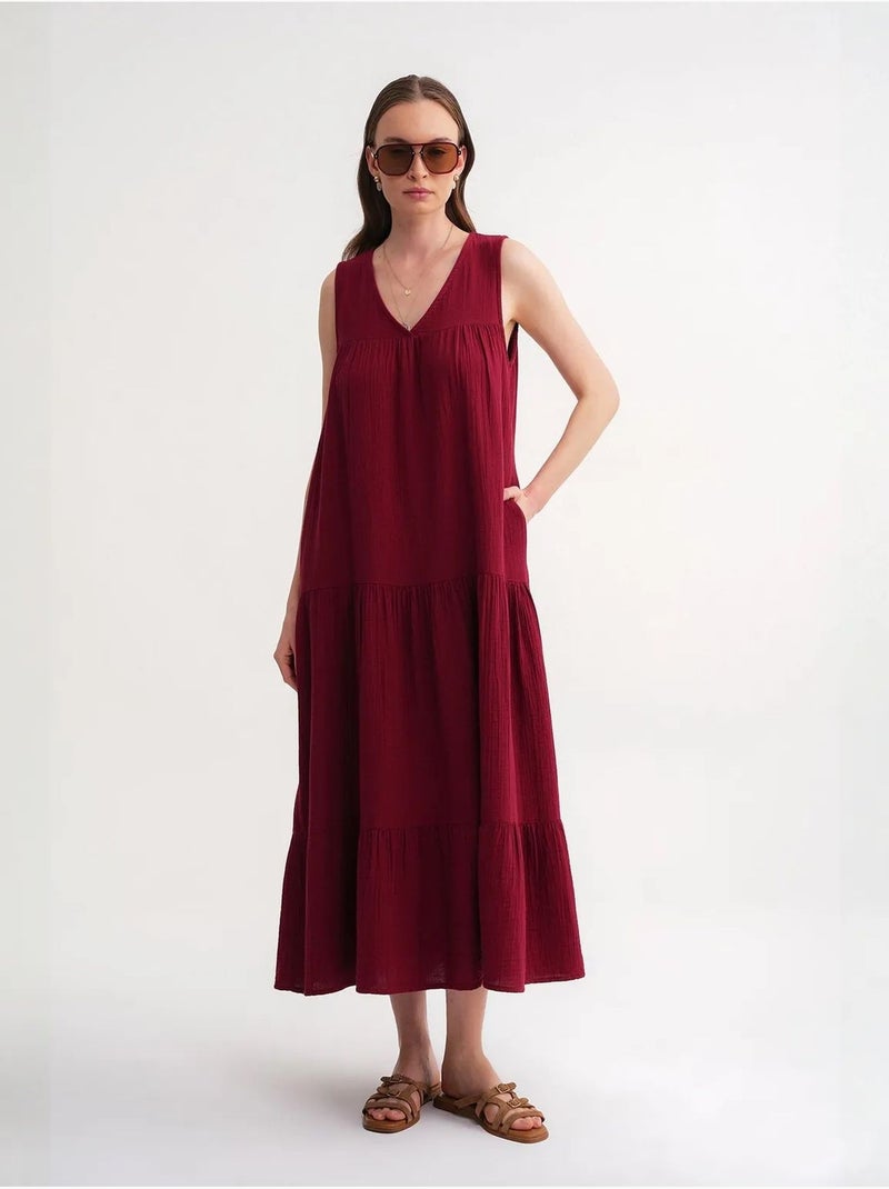 Vestido midi de musselina sem mangas com decote em v e bolsos mixray Vermelho bordô - Kiabi