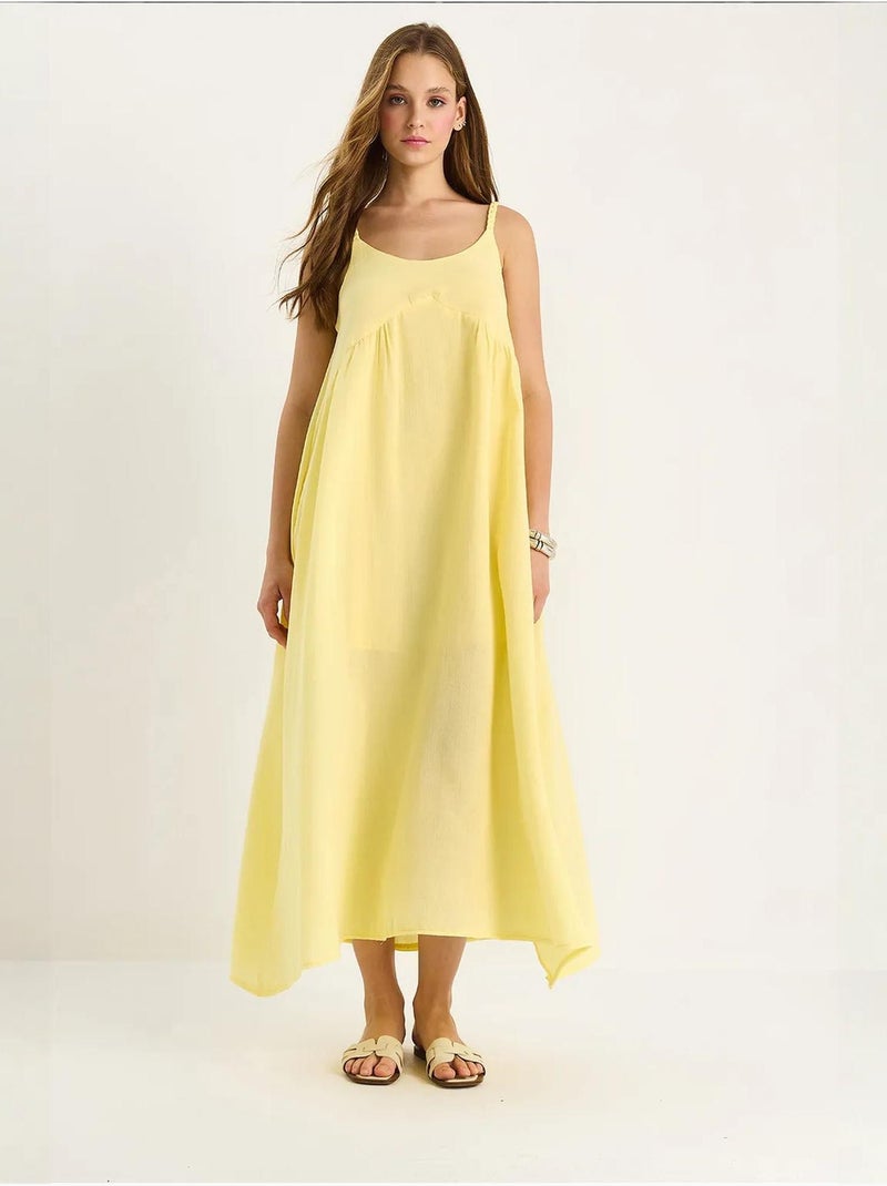 Vestido midi de musselina texturada com bolso lucci Amarelo-limão - Kiabi