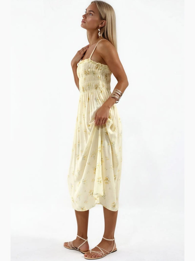 Vestido midi de popelina de algodão floral busem Creme - Kiabi