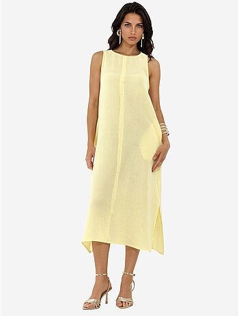 Vestido midi de praia em algodão texturizado com racha hiccup