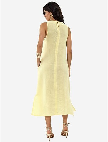 Vestido midi de praia em algodão texturizado com racha hiccup