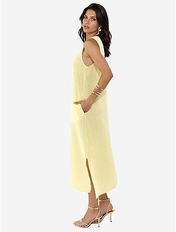 Vestido midi de praia em algodão texturizado com racha hiccup